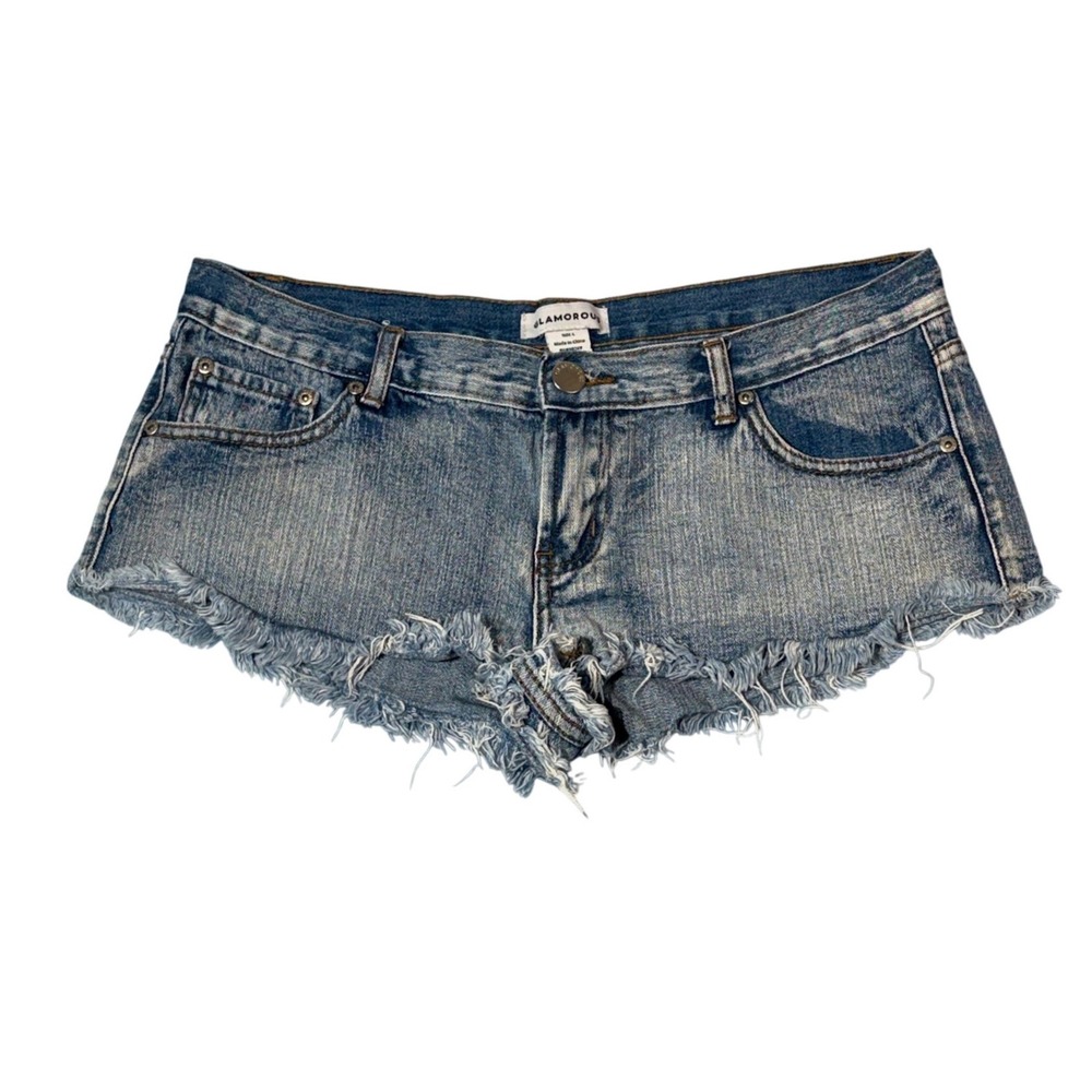 Glamorous Denim Cut Off Shorts Women Size L Blue Raw Hem Low Rise Y2K Boho